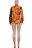 Green Women Graffiti Printing Turn-Down Collar Long Sleeve Cardigan Loose Shirts NK057-6