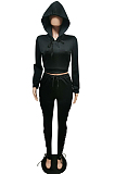 Gray New Cotton Blend Long Sleeve Hoodie Sweat Pants Eyelet Bandage Pure Color Sets F88382-1