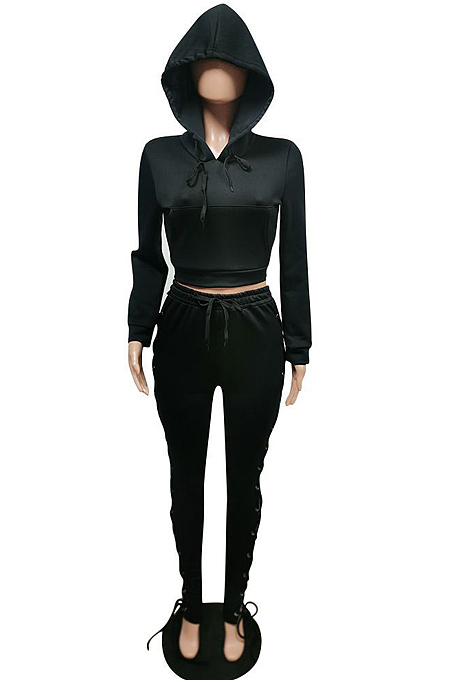 Gray New Cotton Blend Long Sleeve Hoodie Sweat Pants Eyelet Bandage Pure Color Sets F88382-1