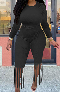 Black Cotton Blend Long Sleeve O Collar Bodycon Top High Waist Wide Leg Pants Cute Tassel Sets MTY6563-2
