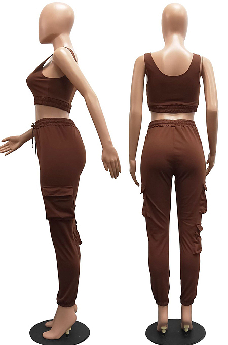 White Sleeveless U Neck Tank With Pocket Drawsting Sweat Pants Solid Color Casual Yoga Sets H1651-6