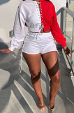 Blue Fashion Eyelet Bandage Spliced Long Sleeve Round Neck Fleece Shorts Two-Piece H1682-2
