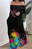 Wholesal New Lips Printing Long Sleeve A Word Shoulder Loose Collcet Waist Long Dress H1688