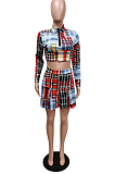 Colorful Plaid Printing Long Sleeve Stand Neck Zippet Crop Top Ruffle Peleated Skirts Casaul Sets F88383