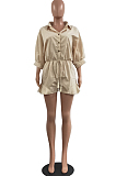 Pink Casual Half Sleeve Lapel Collar Single-Breasted Elesticband Ruffle Solid Color Romper Shorts H1685-1