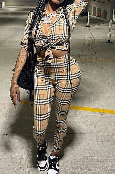 Khaki Plaid Printing Long Sleeve Lapel Neck Single-Breadsted Shirts Bodycon Pants Sets F88381-1