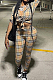 Khaki Plaid Printing Long Sleeve Lapel Neck Single-Breadsted Shirts Bodycon Pants Sets F88381-1