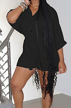 Black Casual Half Sleeve Lapel Collar Single-Breasted Elesticband Ruffle Solid Color Romper Shorts H1685-4