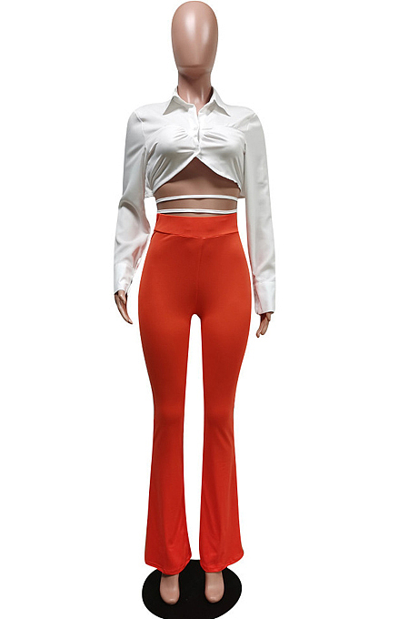 Green Wholesal Women Long Sleeve Lapel Neck Backless Tide Shirt Slim Fitting Flared Pants Two-Piece F88389-3