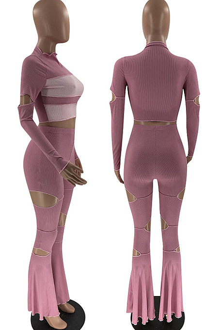 Black Wholesal Spliced Long Sleeve Round Collar Crop Top Hollow Out High Waist Ruffle Flared Pants Two-Piece LM88805-3