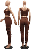 Brown Sleeveless U Neck Tank With Pocket Drawsting Sweat Pants Solid Color Casual Yoga Sets H1651-2
