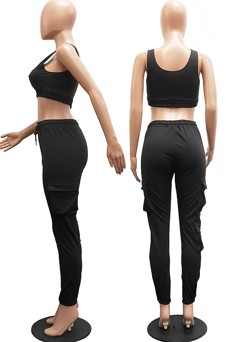 White Sleeveless U Neck Tank With Pocket Drawsting Sweat Pants Solid Color Casual Yoga Sets H1651-6