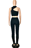 Cyan Cotton Blend Irregularity Sleeveless High Neck Tank Drawsting Ruffle Pants Solid Color Two-Piece YNS1663-3