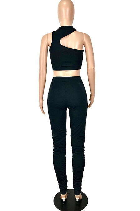Cyan Cotton Blend Irregularity Sleeveless High Neck Tank Drawsting Ruffle Pants Solid Color Two-Piece YNS1663-3