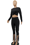 Light Purple Cotton Blend Long Sleeve O Collar Bodycon Top High Waist Wide Leg Pants Cute Tassel Sets MTY6563-1