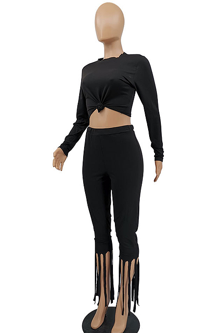 Light Purple Cotton Blend Long Sleeve O Collar Bodycon Top High Waist Wide Leg Pants Cute Tassel Sets MTY6563-1