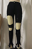 White Women Hole Pure Color Split Long Pants NZ919-1