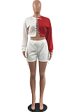 Black Fashion Eyelet Bandage Spliced Long Sleeve Round Neck Fleece Shorts Two-Piece H1682-3