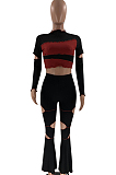 Purple Wholesal Spliced Long Sleeve Round Collar Crop Top Hollow Out High Waist Ruffle Flared Pants Two-Piece LM88805-1