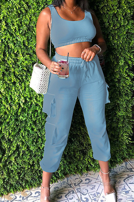 Blue Sleeveless U Neck Tank With Pocket Drawsting Sweat Pants Solid Color Casual Yoga Sets H1651-5
