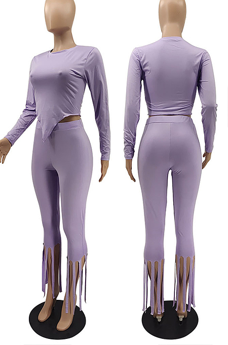 Black Cotton Blend Long Sleeve O Collar Bodycon Top High Waist Wide Leg Pants Cute Tassel Sets MTY6563-2