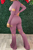 Purple Wholesal Spliced Long Sleeve Round Collar Crop Top Hollow Out High Waist Ruffle Flared Pants Two-Piece LM88805-1