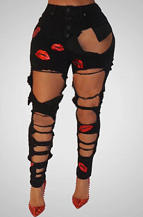 Black Hloe Elastic Force Lips Embroidered Jeans Pants  NZ914