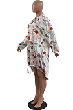 White New Autumn Winter Printing Long Sleeve Lapel Neck Loose Lantern Dress H1683