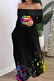 Wholesal New Lips Printing Long Sleeve A Word Shoulder Loose Collcet Waist Long Dress H1688