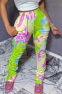 Green Women Shirred Detail Tight Mid Waist Long Pants NK105-3