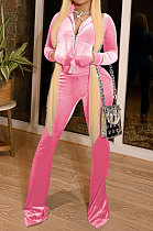 Pink Women Korea Velvet  Long Sleeve Zipper Spliced Sport Pants Sets NK263-3