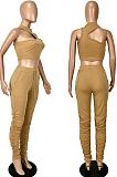 Cyan Cotton Blend Irregularity Sleeveless High Neck Tank Drawsting Ruffle Pants Solid Color Two-Piece YNS1663-3
