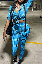 Lake Blue Plaid Printing Long Sleeve Lapel Neck Single-Breadsted Shirts Bodycon Pants Sets F88381-2