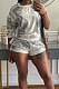 White Women Positioning Printing Casual Long Sleeve Round Collar Blouse Shorts Sets NK257-1
