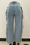 Light Color Women Loose Hole Tassel Set Auger Debris Wide Leg Pants NZ917