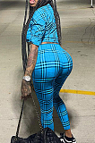 Purple Plaid Printing Long Sleeve Lapel Neck Single-Breadsted Shirts Bodycon Pants Sets F88381-3