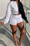 Blue Fashion Eyelet Bandage Spliced Long Sleeve Round Neck Fleece Shorts Two-Piece H1682-2