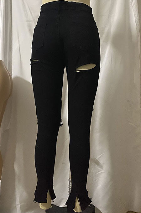 Black Women Hole Pure Color Split Long Pants NZ919-2