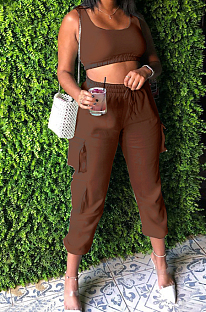 Brown Sleeveless U Neck Tank With Pocket Drawsting Sweat Pants Solid Color Casual Yoga Sets H1651-2