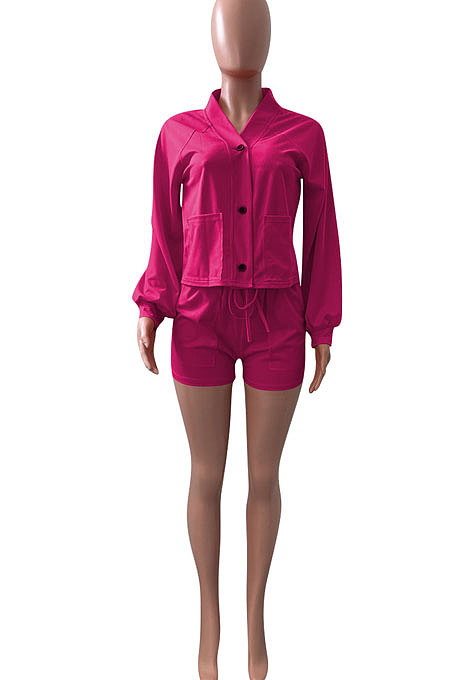 Rose Red Women Roman Cloth Long Sleeve Solid Color Cardigan Sport Casual Shorts Sets NK259-3