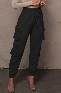 Black Casual Pure Color With Pocket Drawsting Ankle Banded Pants H1653-5