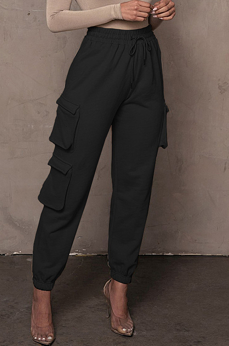 Black Casual Pure Color With Pocket Drawsting Ankle Banded Pants H1653-5