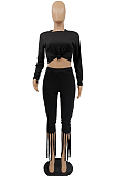 Light Purple Cotton Blend Long Sleeve O Collar Bodycon Top High Waist Wide Leg Pants Cute Tassel Sets MTY6563-1