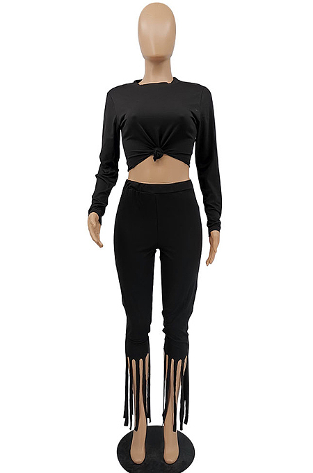 Light Purple Cotton Blend Long Sleeve O Collar Bodycon Top High Waist Wide Leg Pants Cute Tassel Sets MTY6563-1