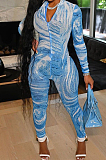Blue Fashion Printing Long Sleeve Stand Neck Zippet Collcet Waist Bodycon Jumpsuits MTY6570-1