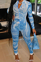 Blue Fashion Printing Long Sleeve Stand Neck Zippet Collcet Waist Bodycon Jumpsuits MTY6570-1