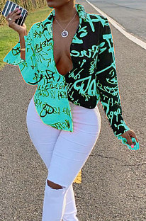 Cyan Women Graffiti Printing Turn-Down Collar Long Sleeve Cardigan Loose Shirts NK057-7