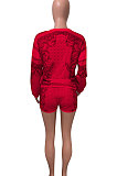 White Women Positioning Printing Casual Long Sleeve Round Collar Blouse Shorts Sets NK257-1
