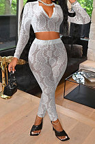 White Women Lace Long Sleeve Tops Tight Sport Casual Pants Sets NK261-1