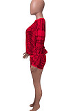 Red Women Positioning Printing Casual Long Sleeve Round Collar Blouse Shorts Sets NK257-3